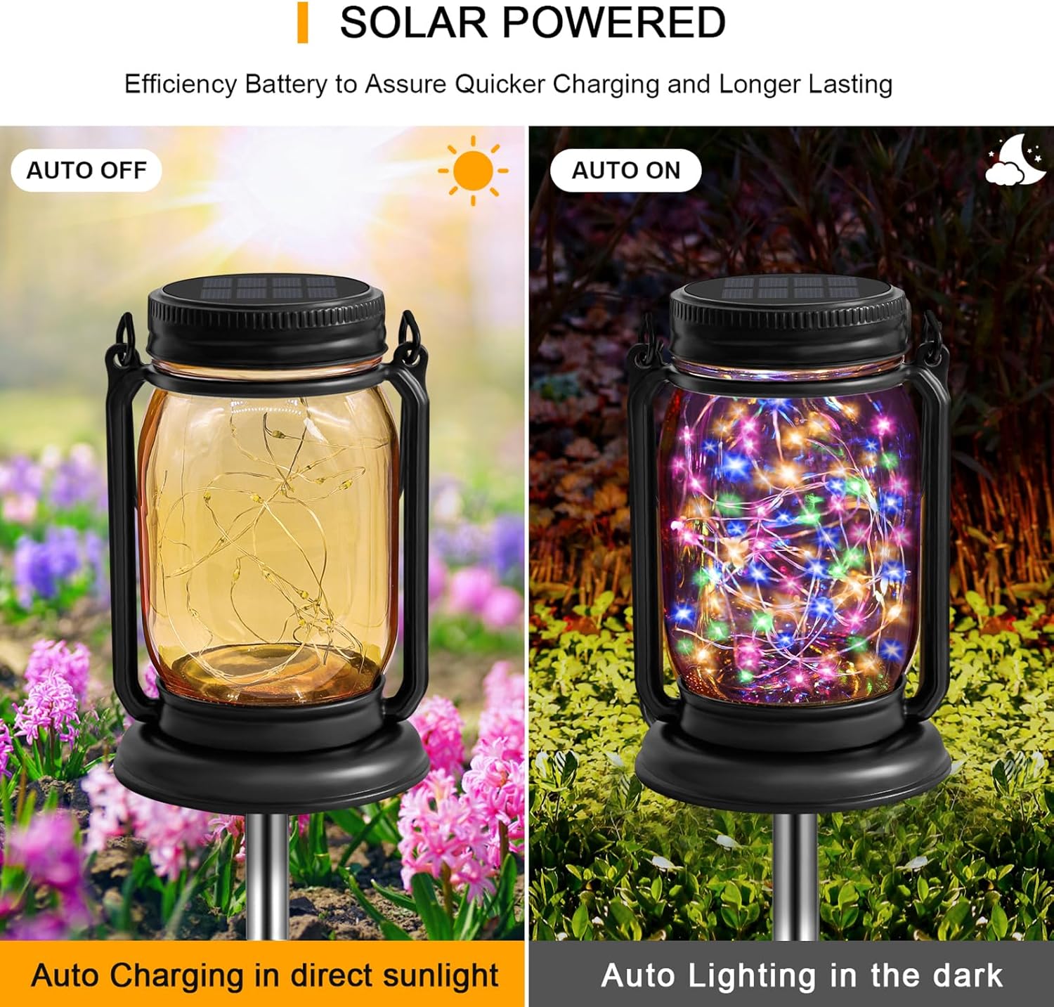 4 Pack Hanging Solar Lantern Lights, 30LED Vintage Glass Mason Jar Solar Fairy Lights Outdoor Decorative Waterproof Table Light with Stakes for Patio Yard Lawn Tree