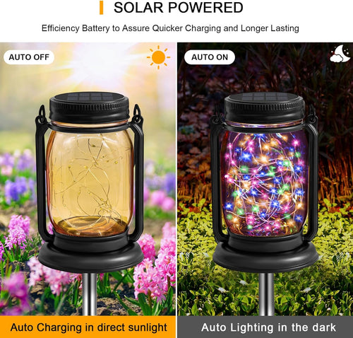 4 Pack Hanging Solar Lantern Lights, 30LED Vintage Glass Mason Jar Solar Fairy Lights Outdoor Decorative Waterproof Table Light with Stakes for Patio Yard Lawn Tree