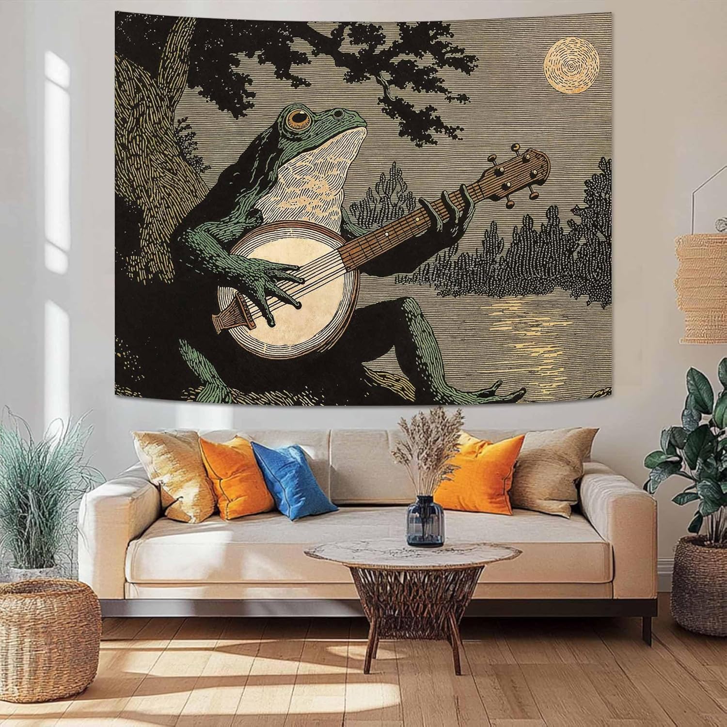Lunerfex Folk Art Frog Banjo Tapestry - Vintage Woodland Night Wall Hanging for Rustic & Whimsical Decor 90"x70"
