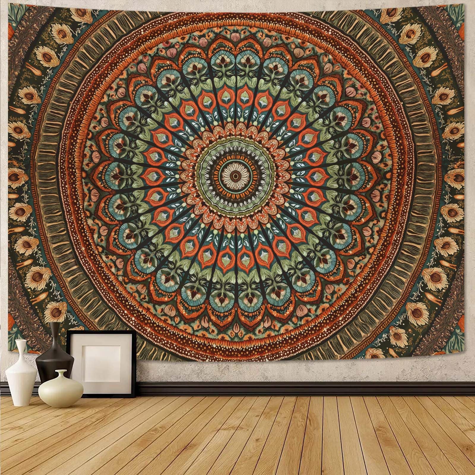 Accnicc Extra Large Orange Brown Boho Mandala Floral Tapestry, 90×68 Inch, Bohemian Wall Decor for Bedroom Living Room Dorm