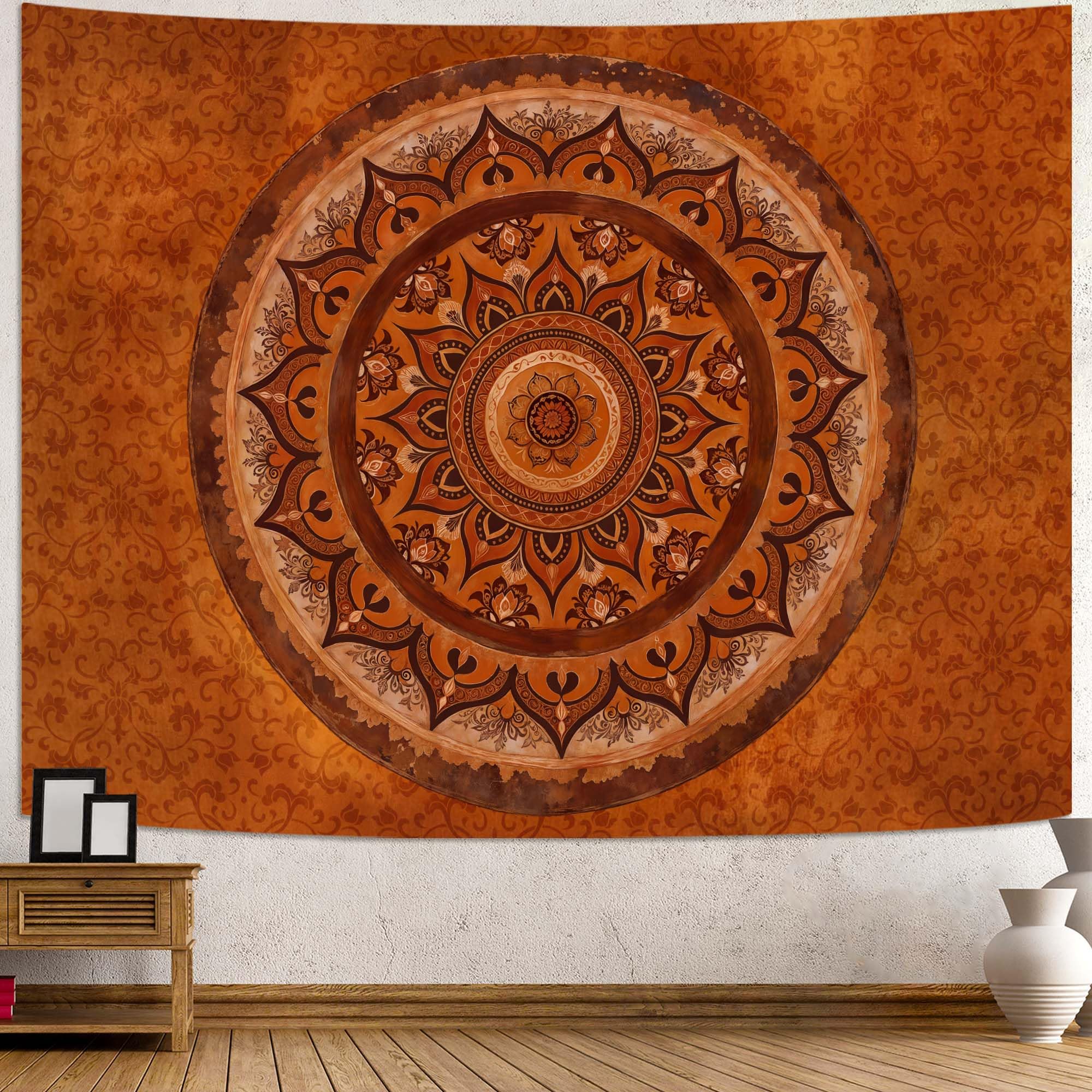 Accnicc Extra Large Orange Brown Boho Mandala Floral Tapestry, 90×68 Inch, Bohemian Wall Decor for Bedroom Living Room Dorm