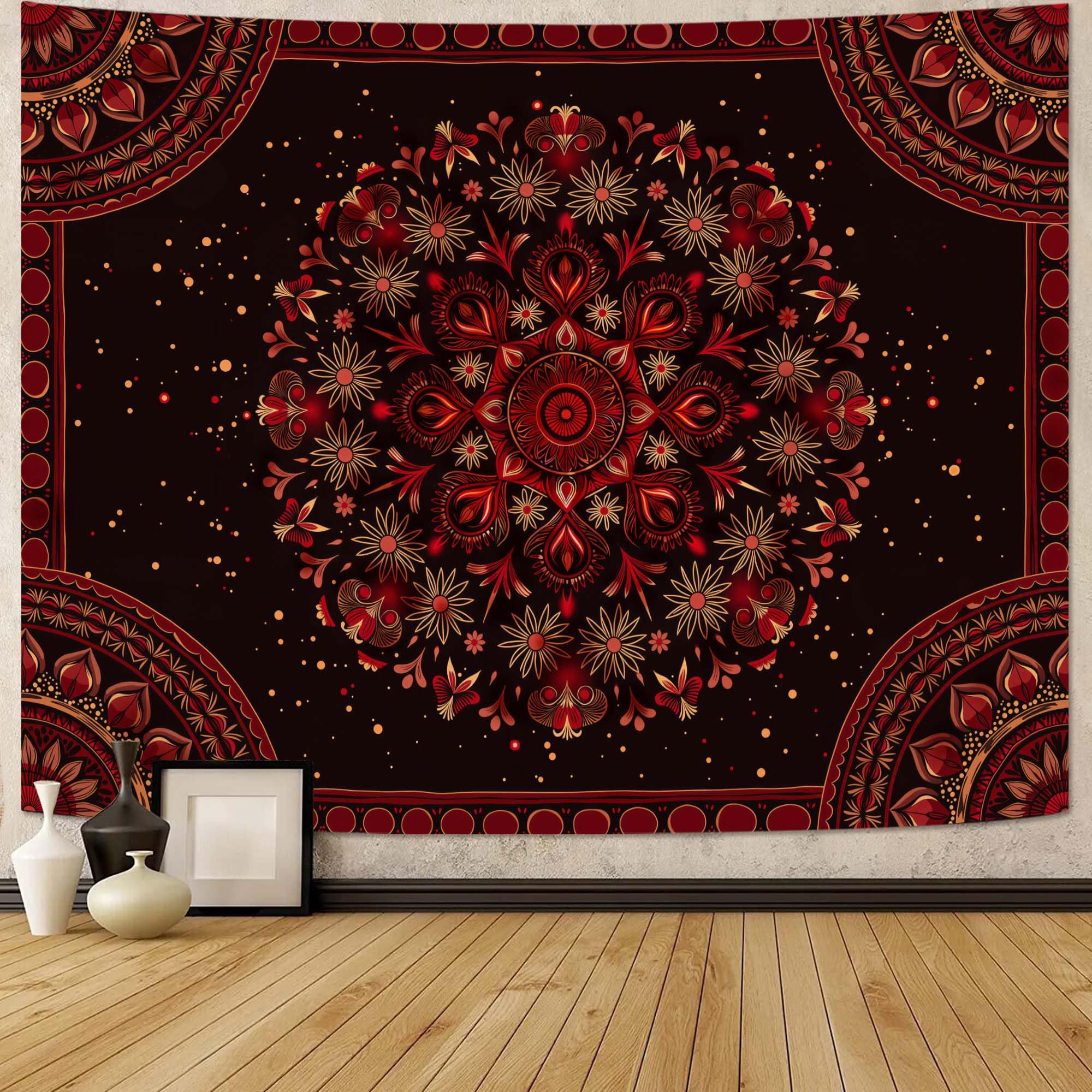 Accnicc Extra Large Orange Brown Boho Mandala Floral Tapestry, 90×68 Inch, Bohemian Wall Decor for Bedroom Living Room Dorm