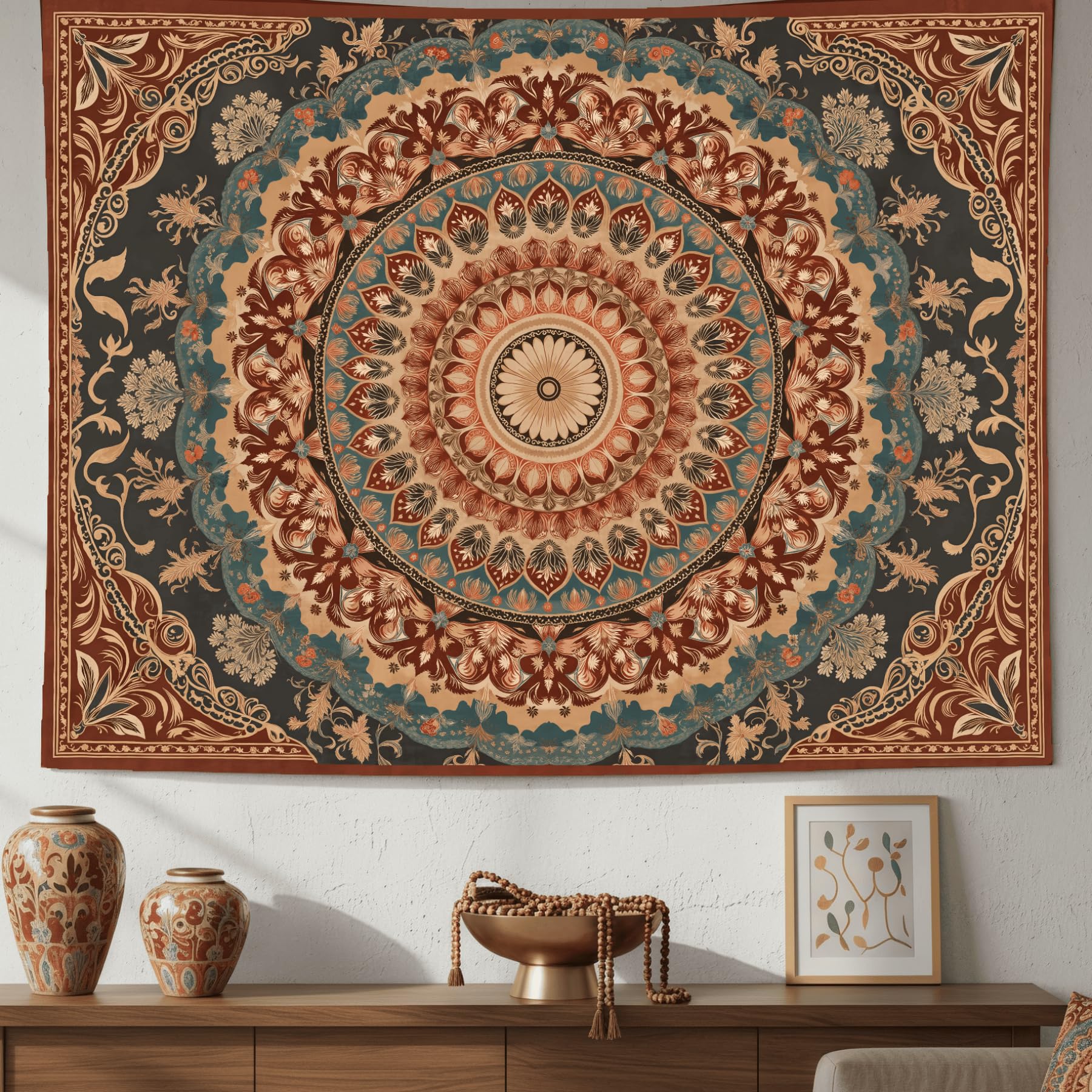 Accnicc Extra Large Orange Brown Boho Mandala Floral Tapestry, 90×68 Inch, Bohemian Wall Decor for Bedroom Living Room Dorm