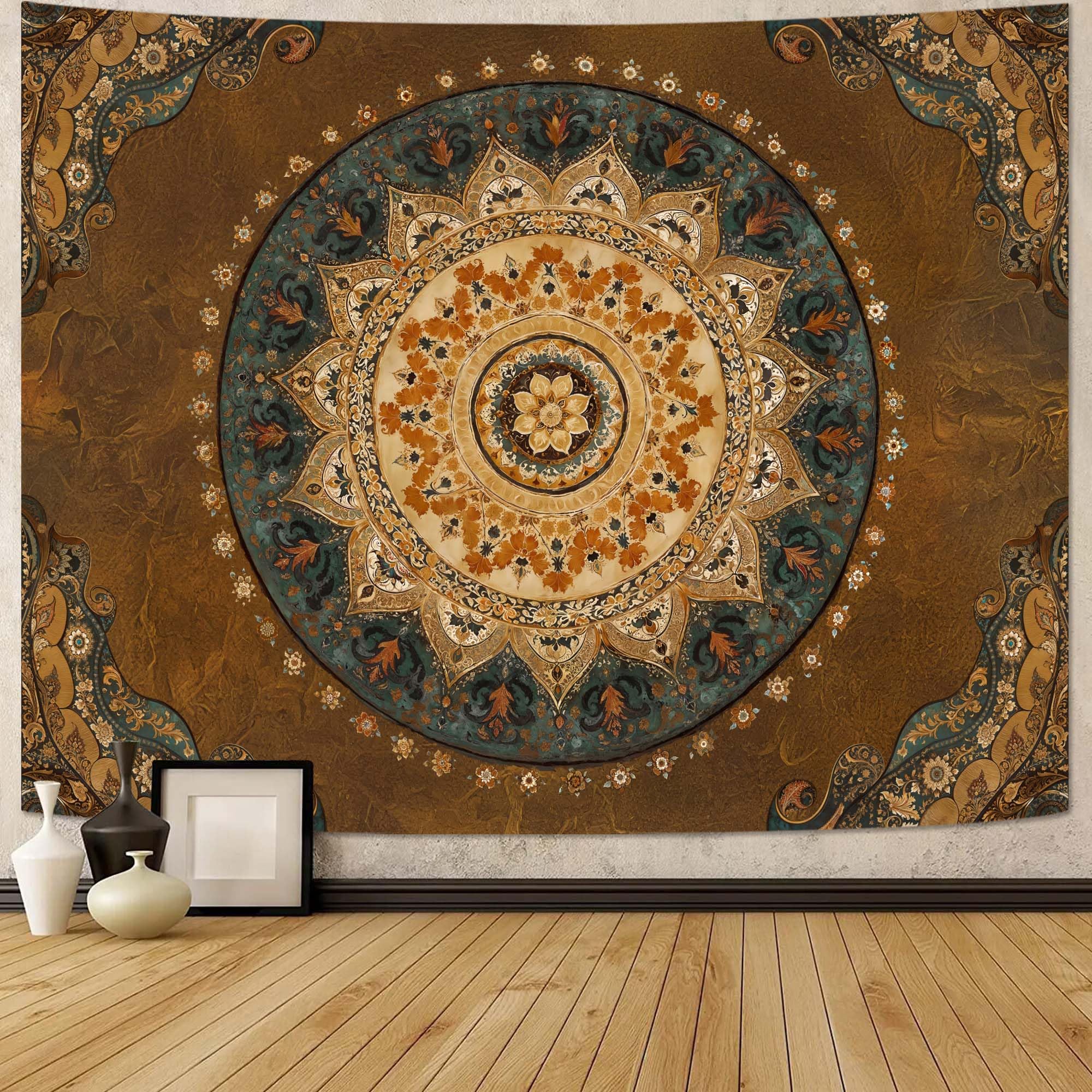 Accnicc Extra Large Orange Brown Boho Mandala Floral Tapestry, 90×68 Inch, Bohemian Wall Decor for Bedroom Living Room Dorm