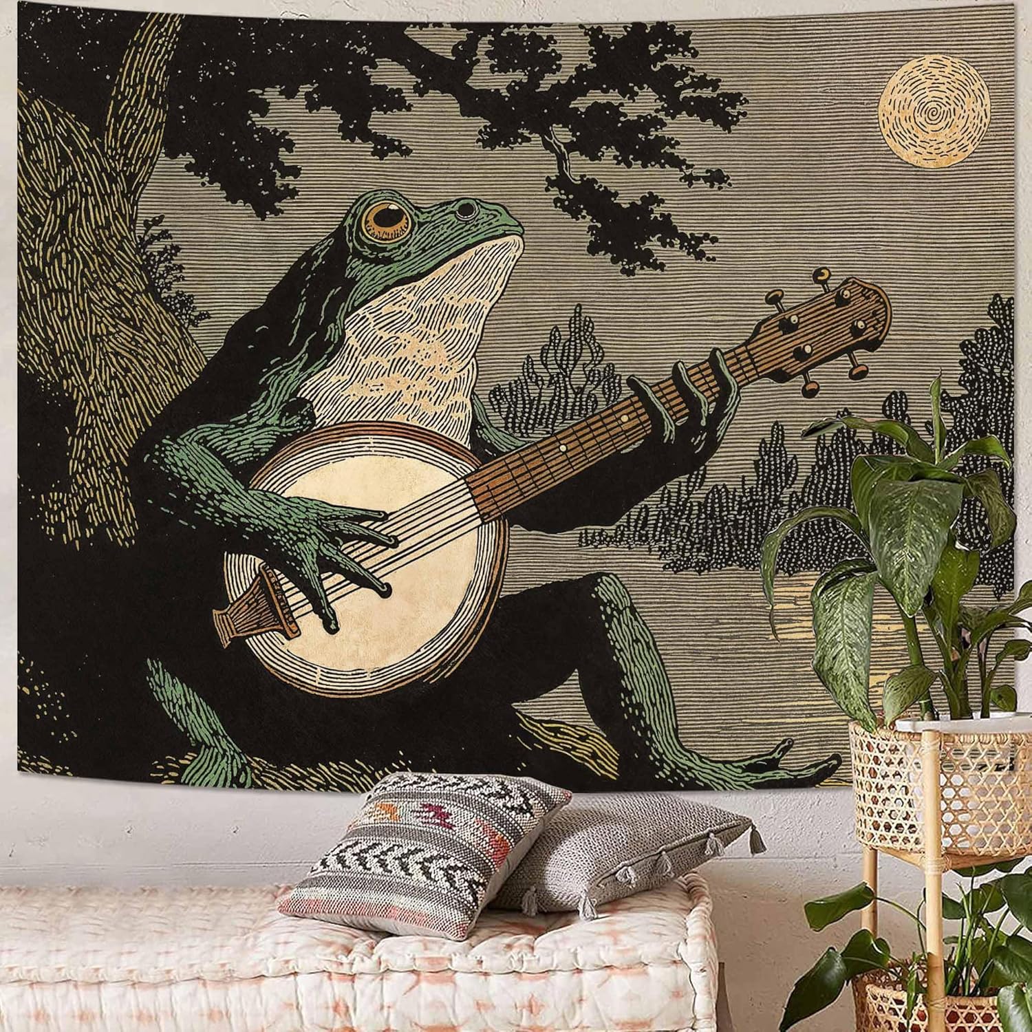 Lunerfex Folk Art Frog Banjo Tapestry - Vintage Woodland Night Wall Hanging for Rustic & Whimsical Decor 90"x70"