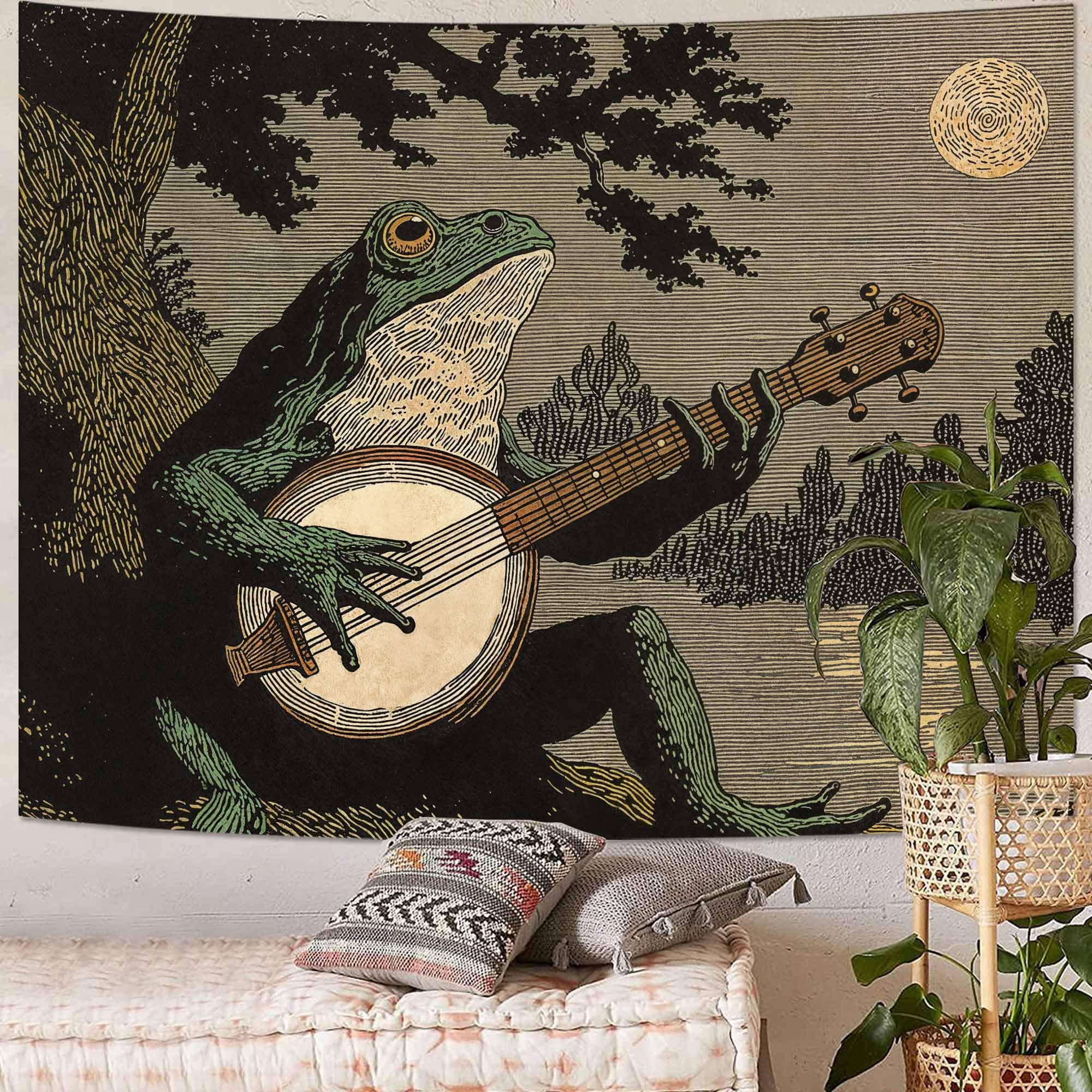 Lunerfex Folk Art Frog Banjo Tapestry - Vintage Woodland Night Wall Hanging for Rustic & Whimsical Decor 90"x70"