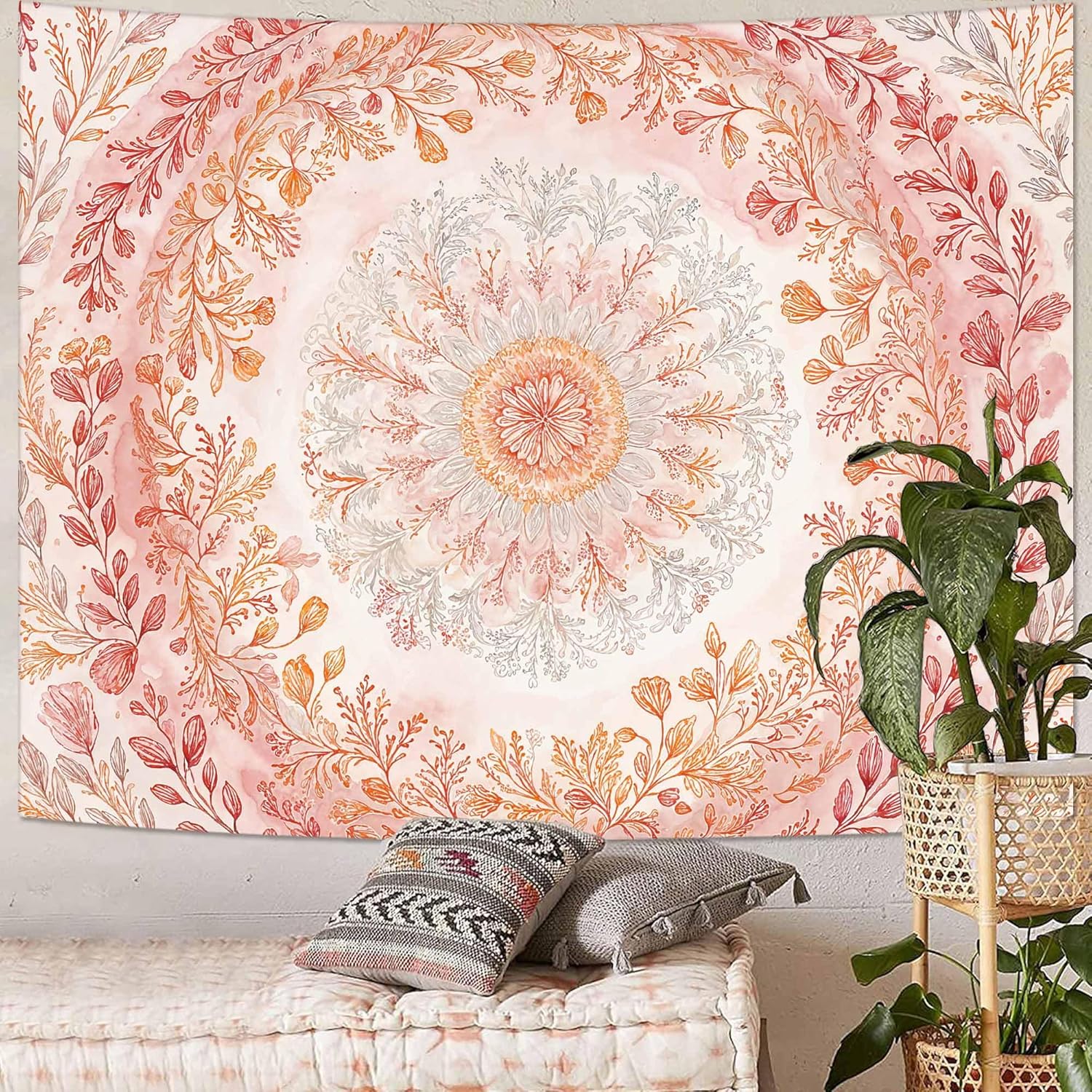 Wegklazax Watercolor Floral Mandala Tapestry, Soft Orange Botanical Wall Art for Room Decor, Cottagecore Aesthetic Home Decor 90" L x 70" W