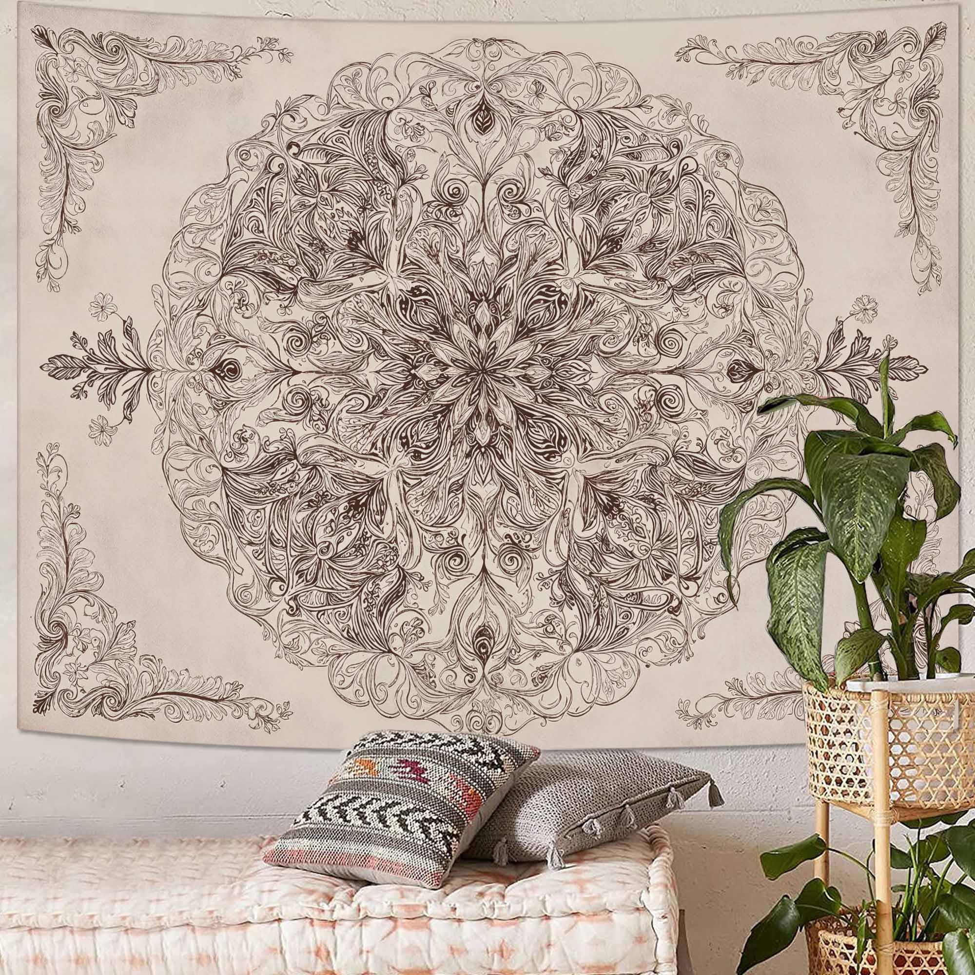 Wegklazax Watercolor Floral Mandala Tapestry, Soft Orange Botanical Wall Art for Room Decor, Cottagecore Aesthetic Home Decor 90" L x 70" W