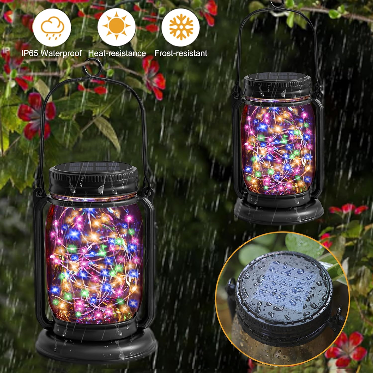 4 Pack Hanging Solar Lantern Lights, 30LED Vintage Glass Mason Jar Solar Fairy Lights Outdoor Decorative Waterproof Table Light with Stakes for Patio Yard Lawn Tree