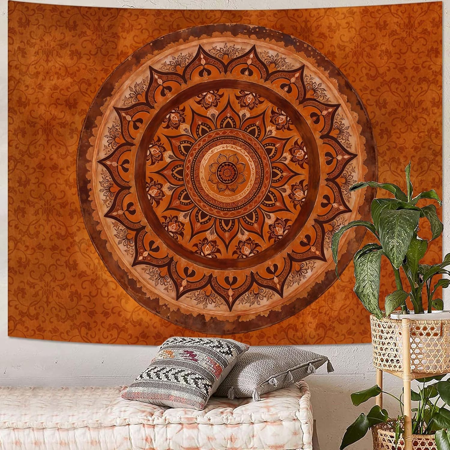 Accnicc Extra Large Orange Brown Boho Mandala Floral Tapestry, 90×68 Inch, Bohemian Wall Decor for Bedroom Living Room Dorm