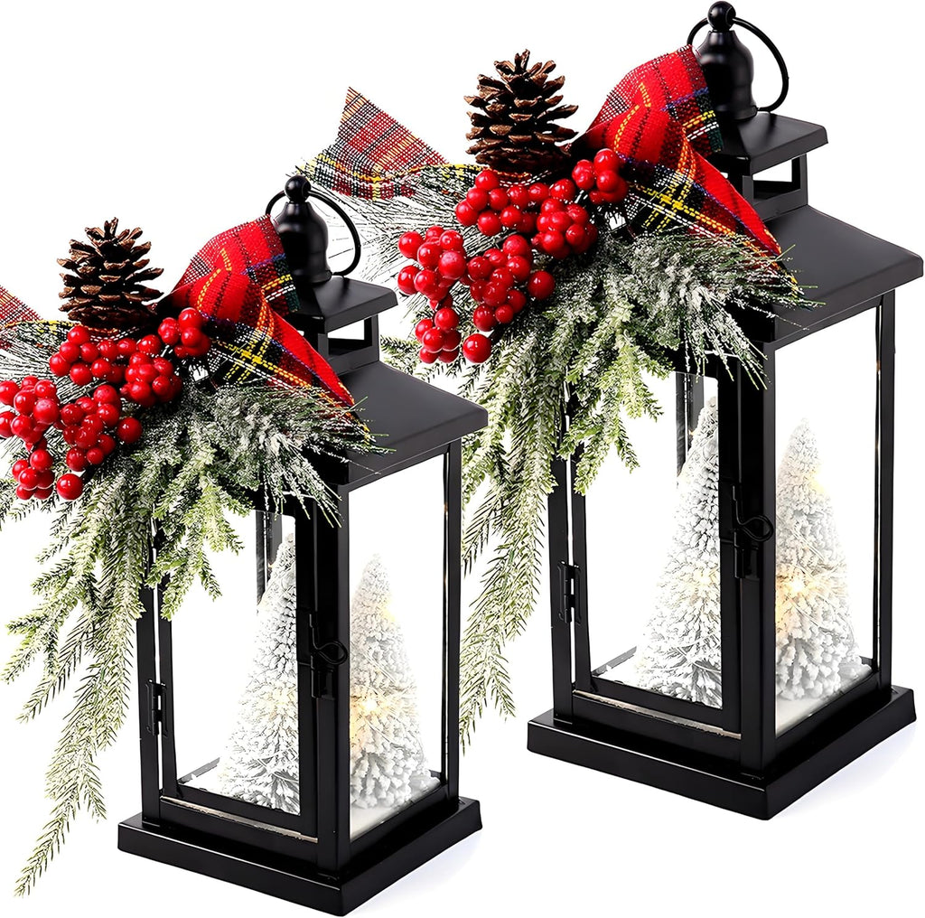 2Packs 14" Lighted Christmas Lanterns, Hanging Christmas Lantern Decorative with Snow-Covered Tree, Bow & Pine Cone Decorations for Porch, Mantel, Seasonal Display, Retro-Style Holiday Decor Outdoor
