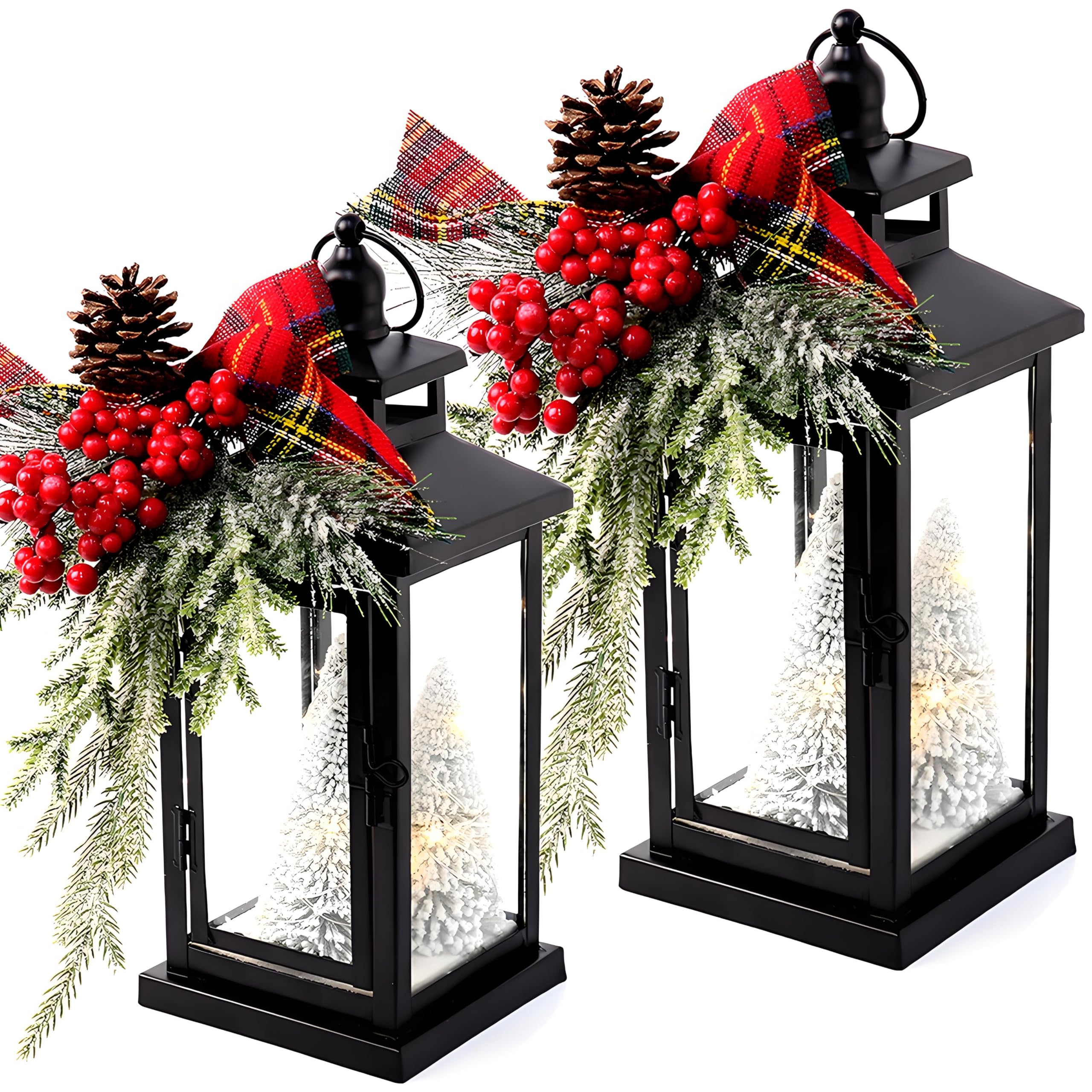 2Packs 14" Lighted Christmas Lanterns, Hanging Christmas Lantern Decorative with Snow-Covered Tree, Bow & Pine Cone Decorations for Porch, Mantel, Seasonal Display, Retro-Style Holiday Decor Outdoor