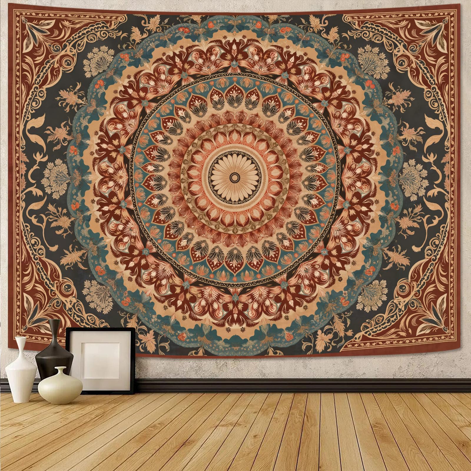 Accnicc Extra Large Orange Brown Boho Mandala Floral Tapestry, 90×68 Inch, Bohemian Wall Decor for Bedroom Living Room Dorm