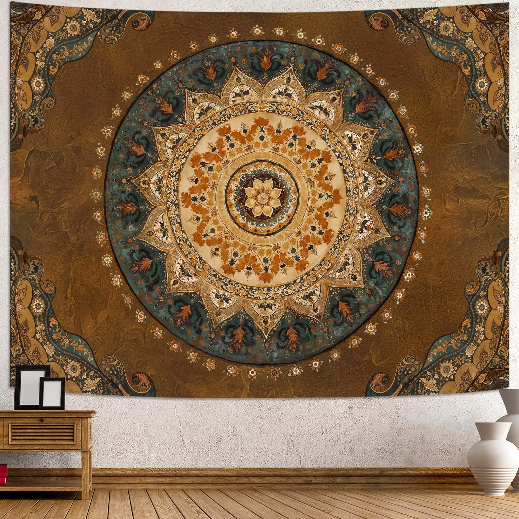 Accnicc Extra Large Orange Brown Boho Mandala Floral Tapestry, 90×68 Inch, Bohemian Wall Decor for Bedroom Living Room Dorm