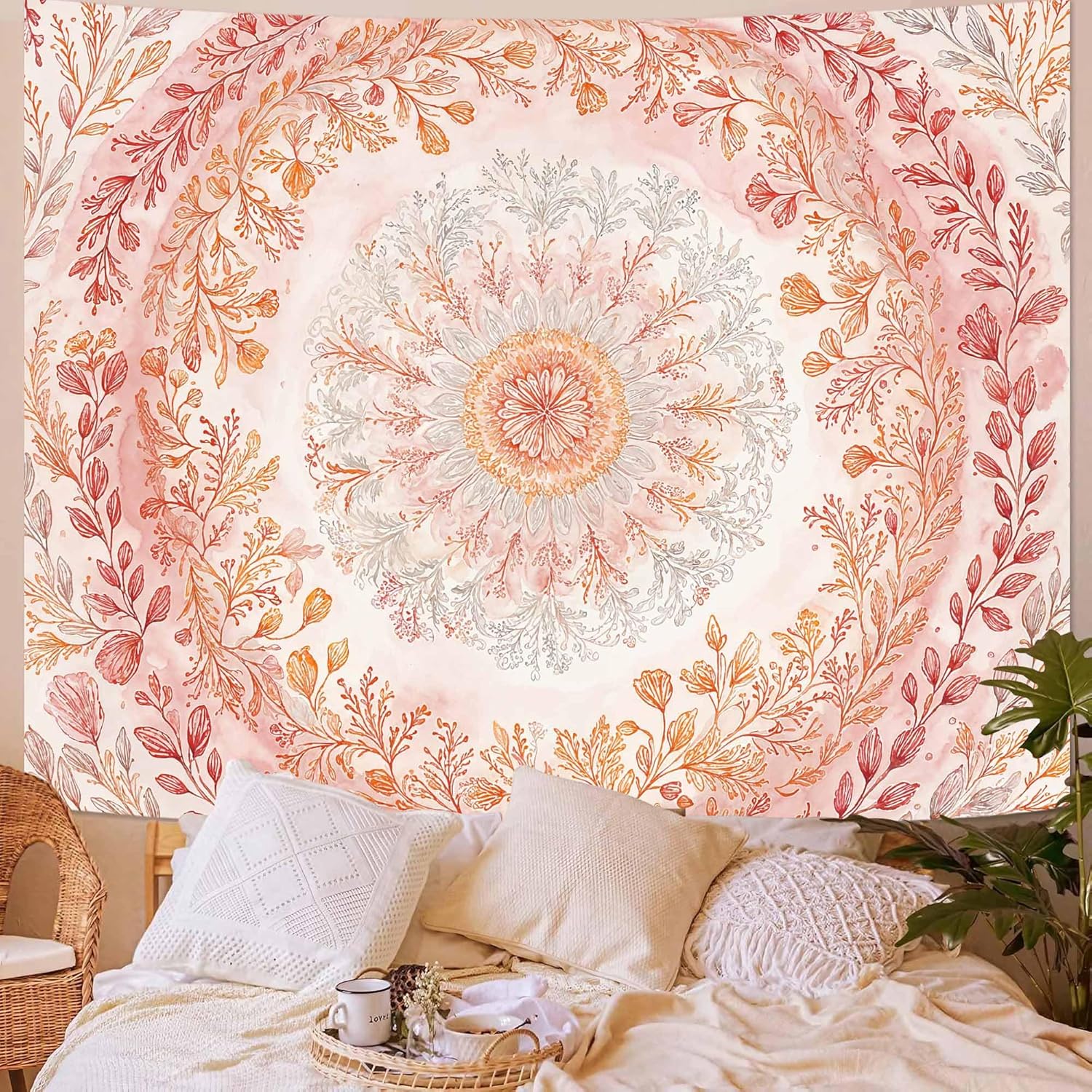 Wegklazax Watercolor Floral Mandala Tapestry, Soft Orange Botanical Wall Art for Room Decor, Cottagecore Aesthetic Home Decor 90" L x 70" W