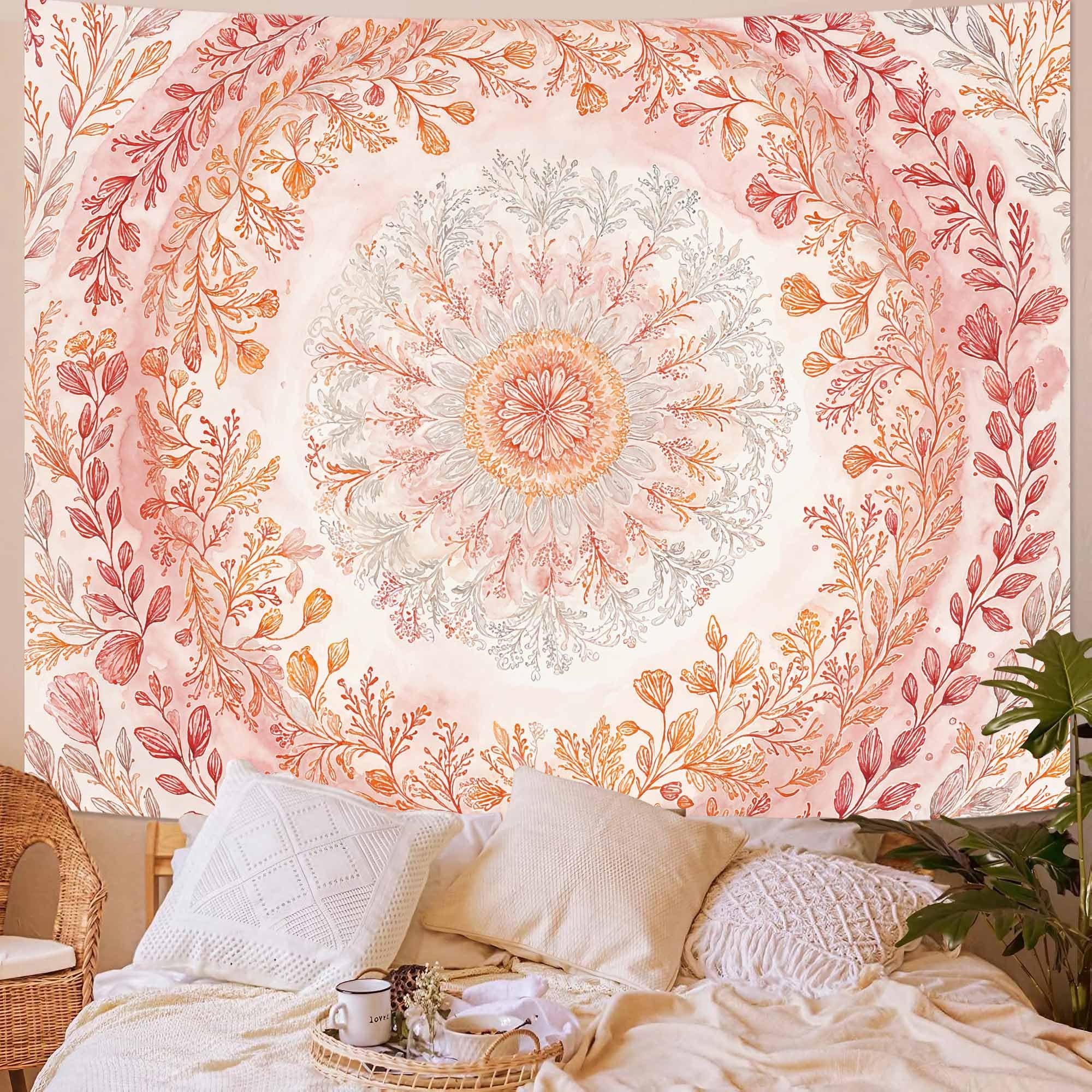 Wegklazax Watercolor Floral Mandala Tapestry, Soft Orange Botanical Wall Art for Room Decor, Cottagecore Aesthetic Home Decor 90" L x 70" W