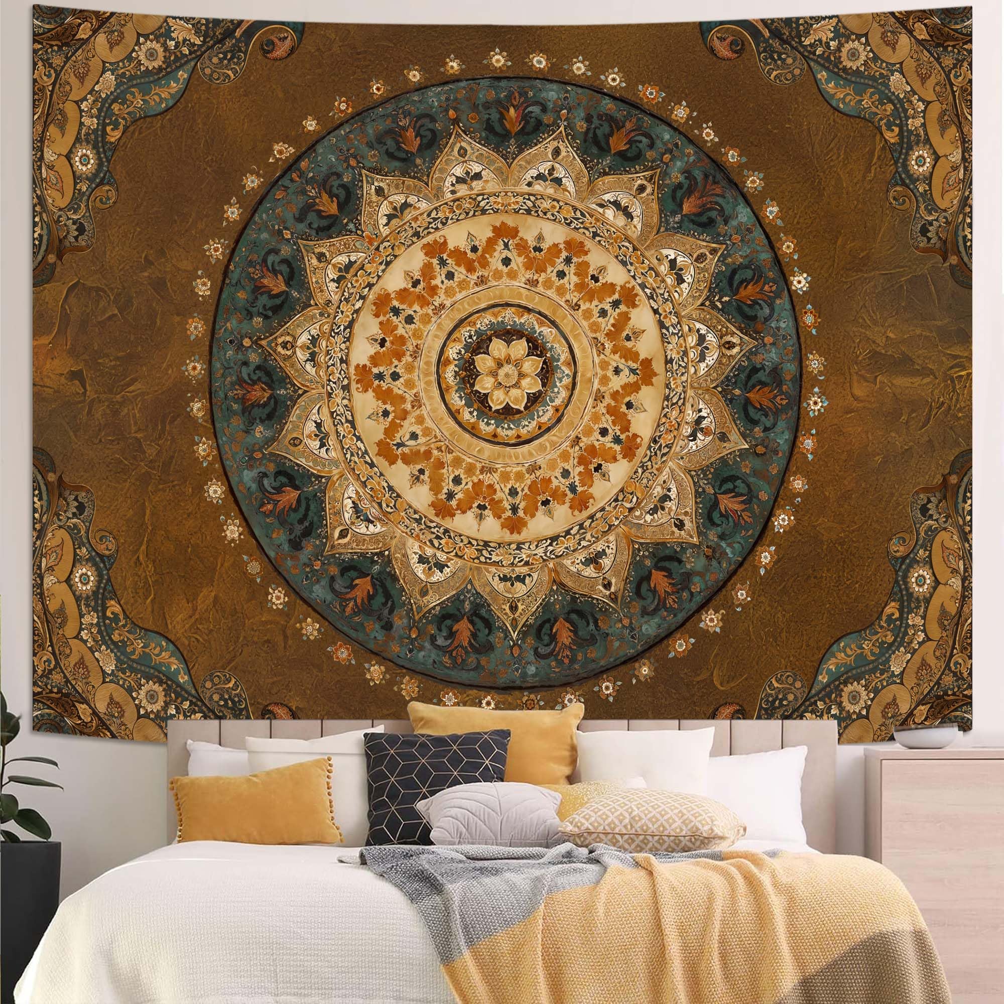 Accnicc Extra Large Orange Brown Boho Mandala Floral Tapestry, 90×68 Inch, Bohemian Wall Decor for Bedroom Living Room Dorm