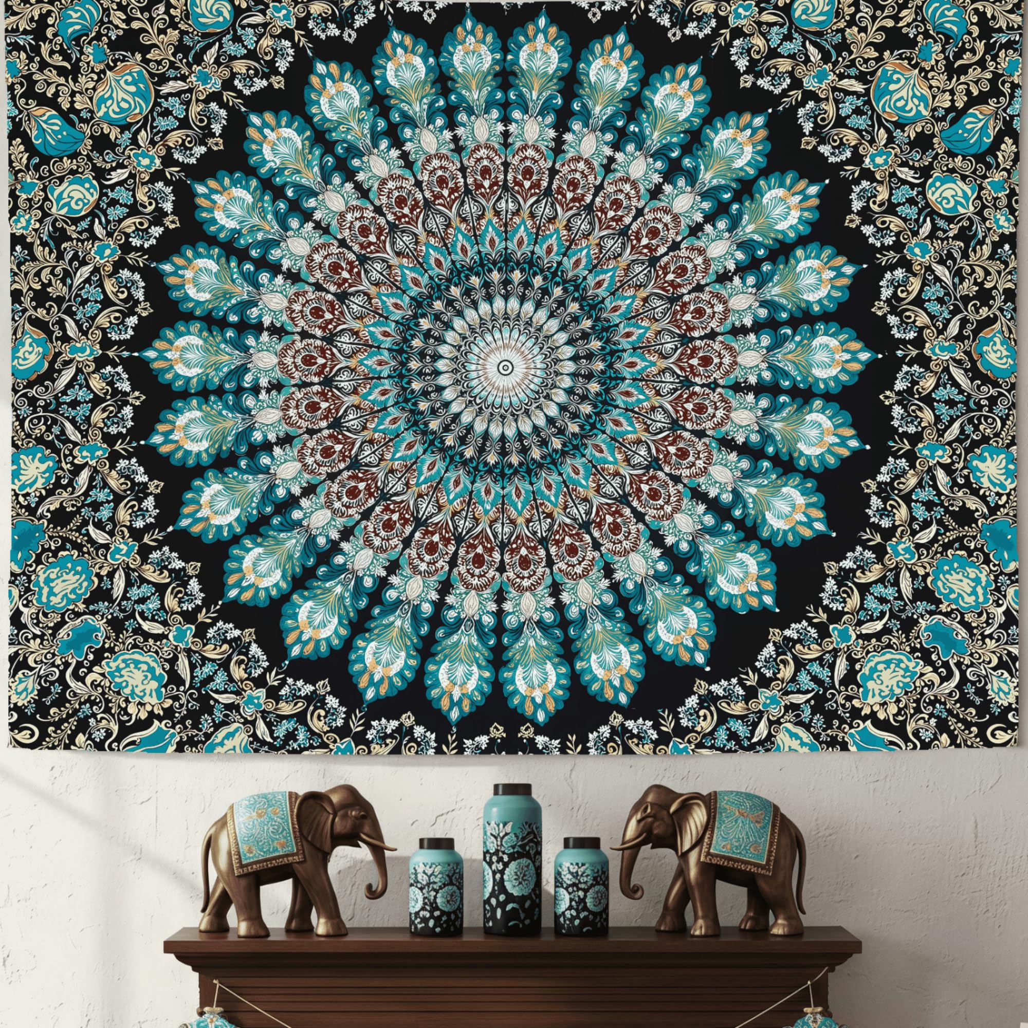 Accnicc Extra Large Orange Brown Boho Mandala Floral Tapestry, 90×68 Inch, Bohemian Wall Decor for Bedroom Living Room Dorm