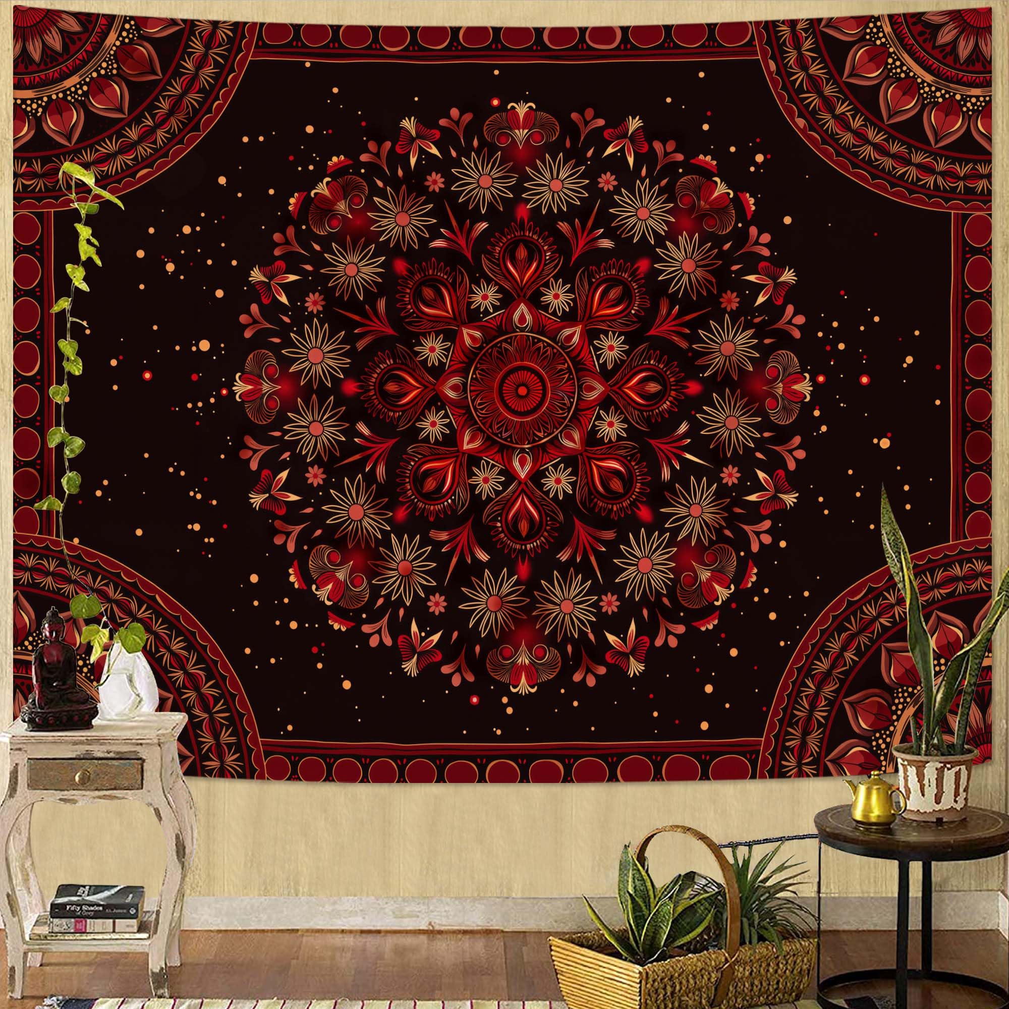 Accnicc Extra Large Orange Brown Boho Mandala Floral Tapestry, 90×68 Inch, Bohemian Wall Decor for Bedroom Living Room Dorm
