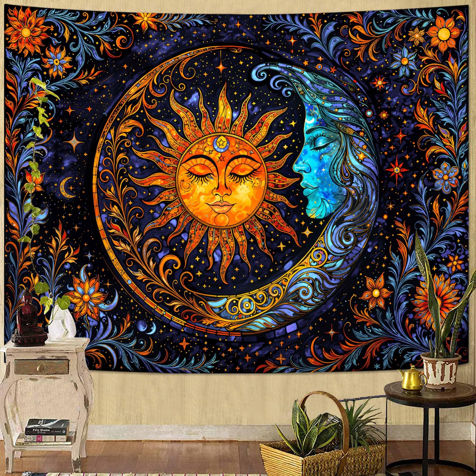 Spenlife Sun Tapestry Boho Tapestry for Bedroom Yellow and Green Tapestries Wall Hanging Bedroom Living Room Wall Art and Home Decor 70x90