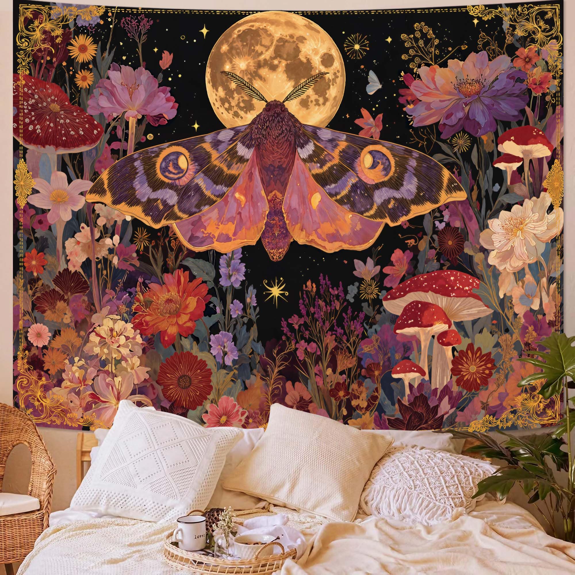 Lunerfex Folk Art Frog Banjo Tapestry - Vintage Woodland Night Wall Hanging for Rustic & Whimsical Decor 90"x70"