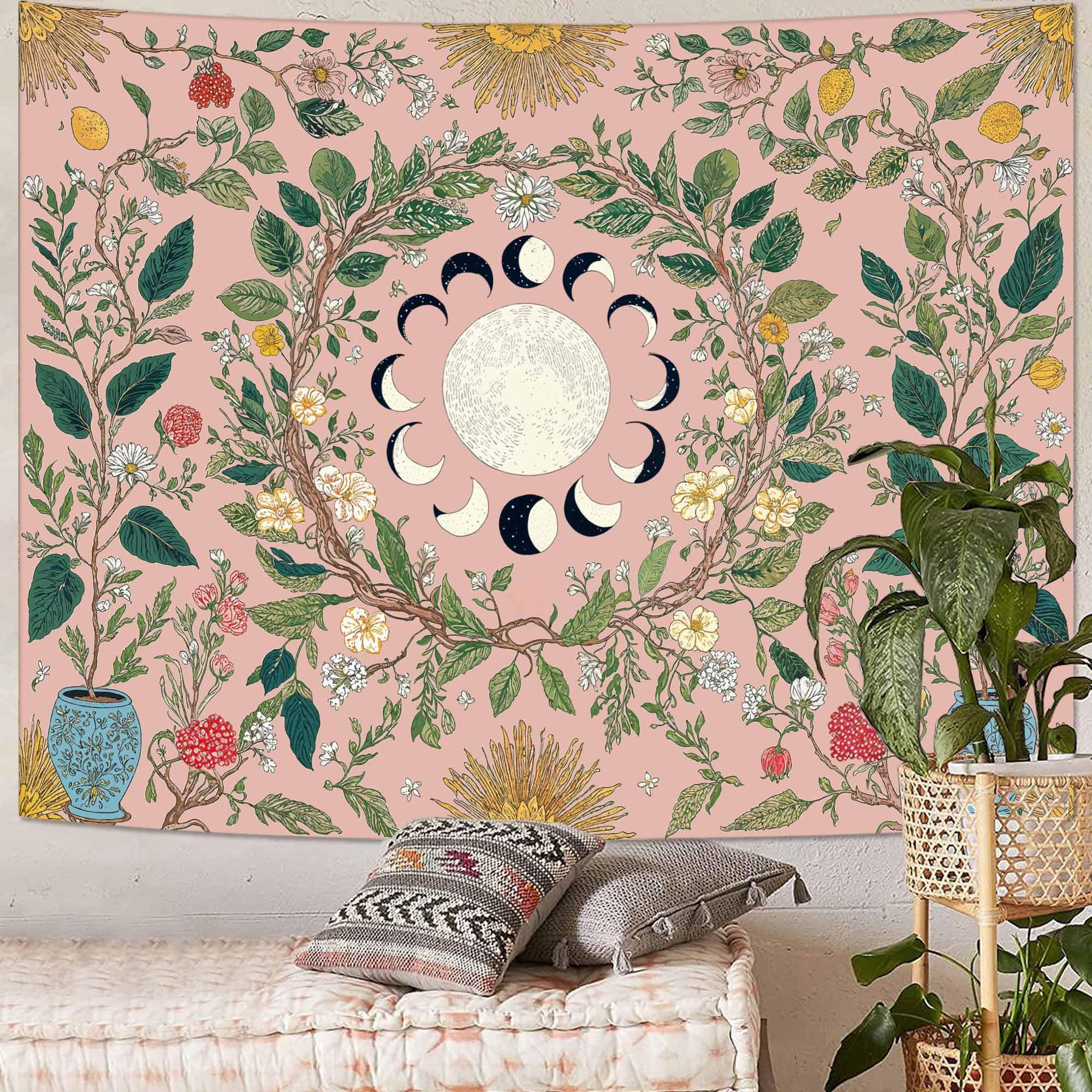 Wegklazax Watercolor Floral Mandala Tapestry, Soft Orange Botanical Wall Art for Room Decor, Cottagecore Aesthetic Home Decor 90" L x 70" W