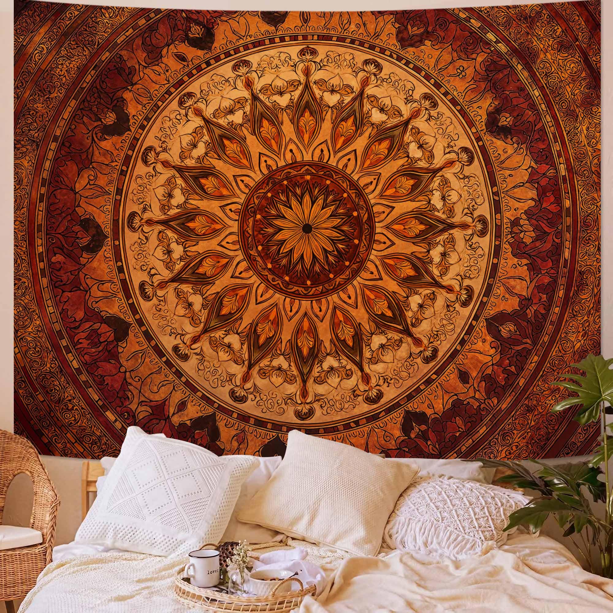 Wegklazax Watercolor Floral Mandala Tapestry, Soft Orange Botanical Wall Art for Room Decor, Cottagecore Aesthetic Home Decor 90" L x 70" W