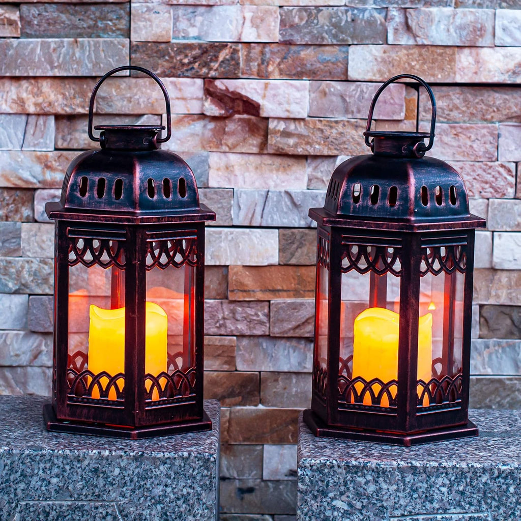 Solar Lanterns 2 Pack Bronze - Retro Ornate Hanging Lantern with Handle, Outdoor Lantern with Flickering Candle LED, 6.60 x 6.60 x 10.60 in