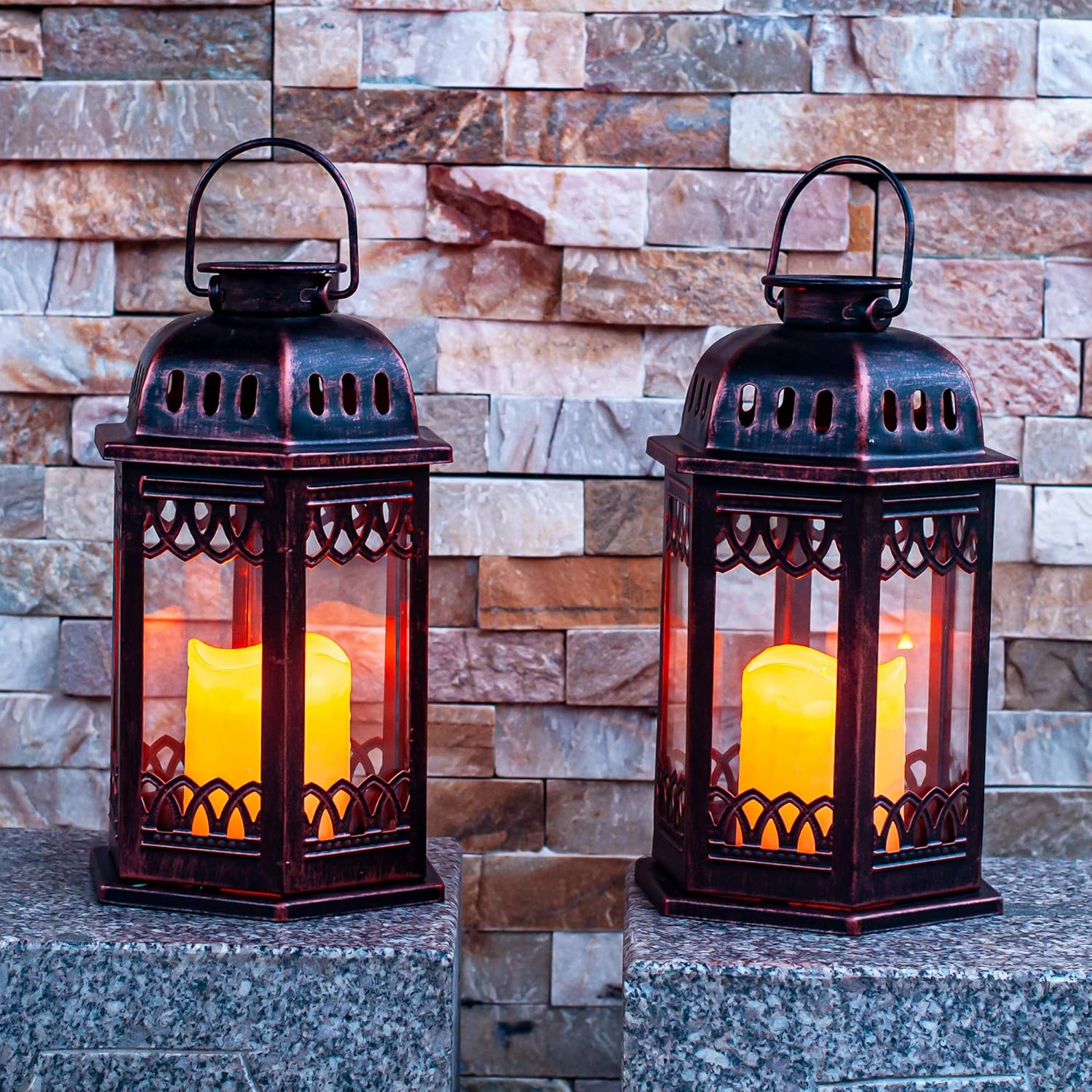 Solar Lanterns 2 Pack Bronze - Retro Ornate Hanging Lantern with Handle, Outdoor Lantern with Flickering Candle LED, 6.60 x 6.60 x 10.60 in